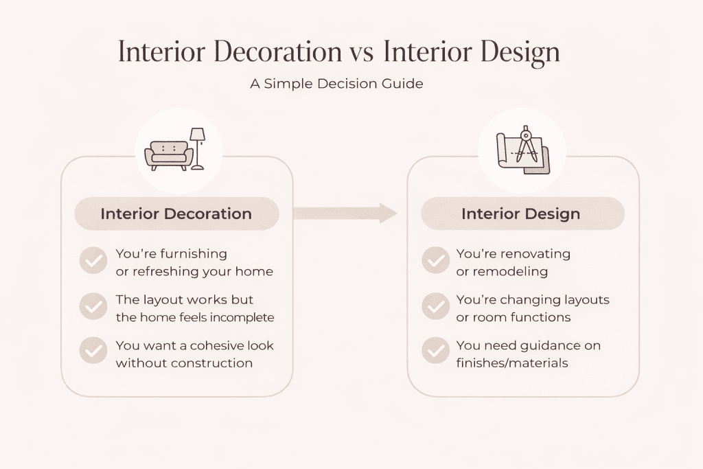 interior design vs interior decoration graphic