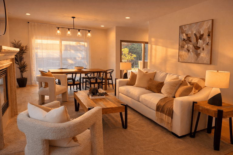 home staging of an open concepts living/dining space in west la condo