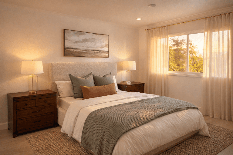 Home staging of a primary suite in a home near venice beach