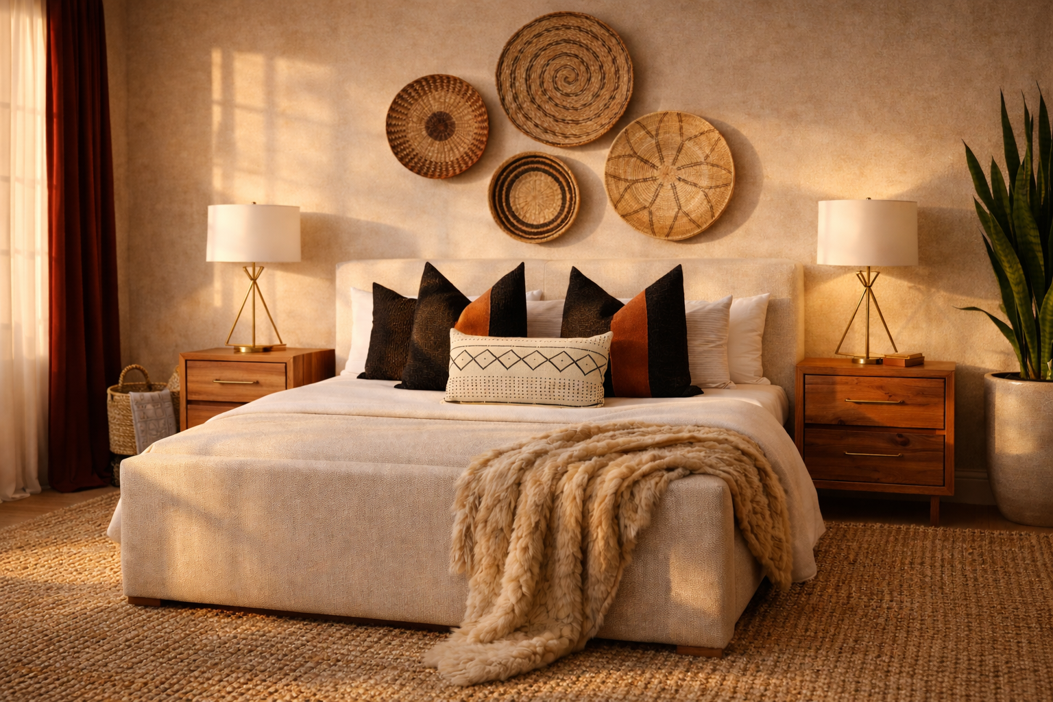 interior decoration of a primary suite in a condo in malibu