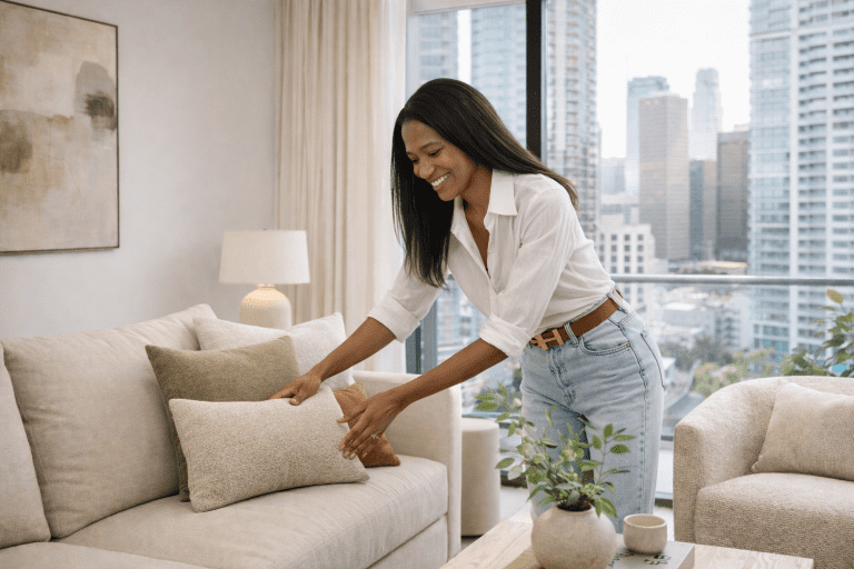 living room being curated by stager