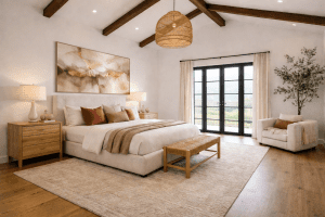Staged primary Suite in Mediterranean home