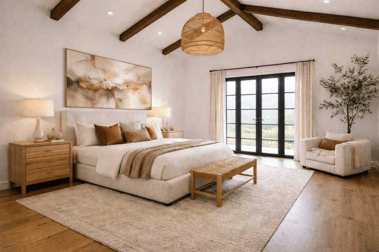 Staged primary Suite in Mediterranean home