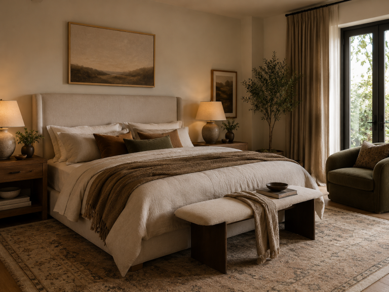 Staged bedroom with warm layered luxury