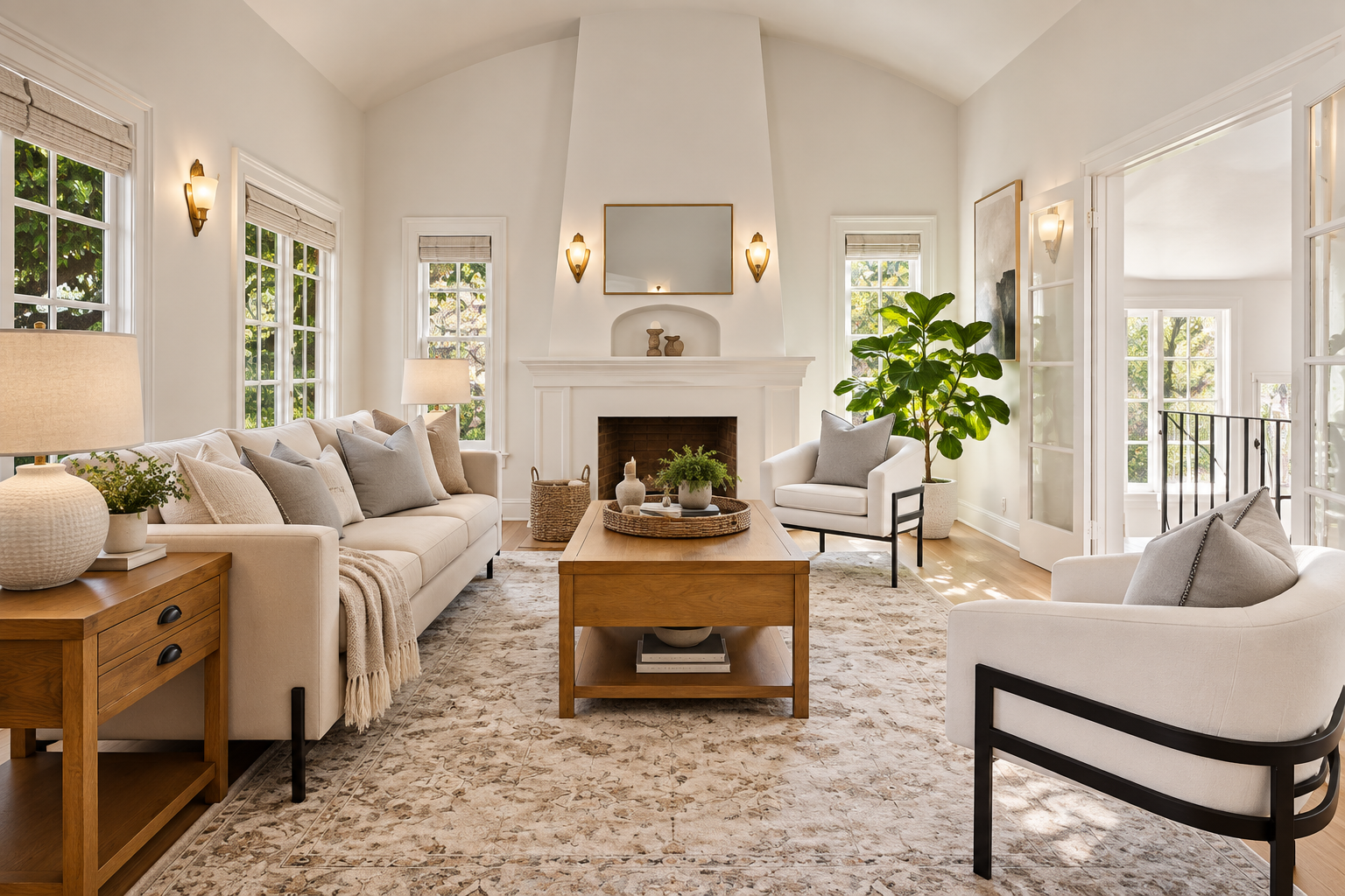 When Should a Los Angeles Listing Be Re-Staged and Relaunched? - KMW Interiors 13th Avenue living room with seating arranged around the fireplace beneath a pitched ceiling.