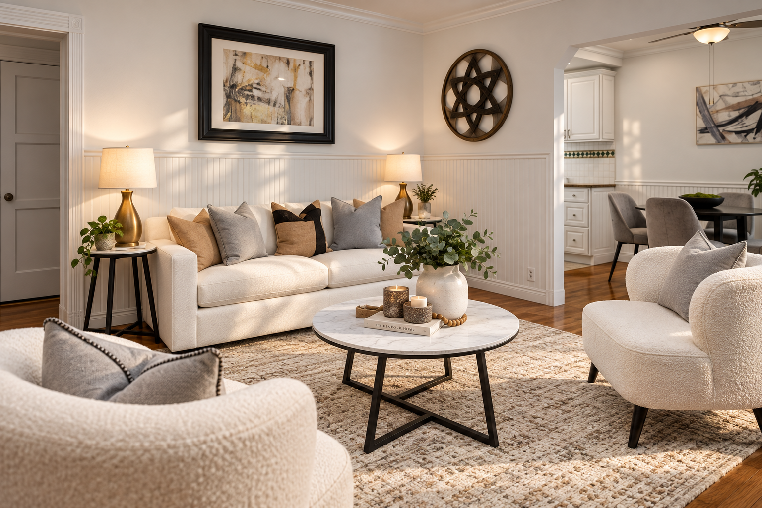 When Should a Los Angeles Listing Be Re-Staged and Relaunched? - KMW Interiors Tennessee Place living room with a pale sofa, upholstered chairs, round coffee table, and a view into the dining area.